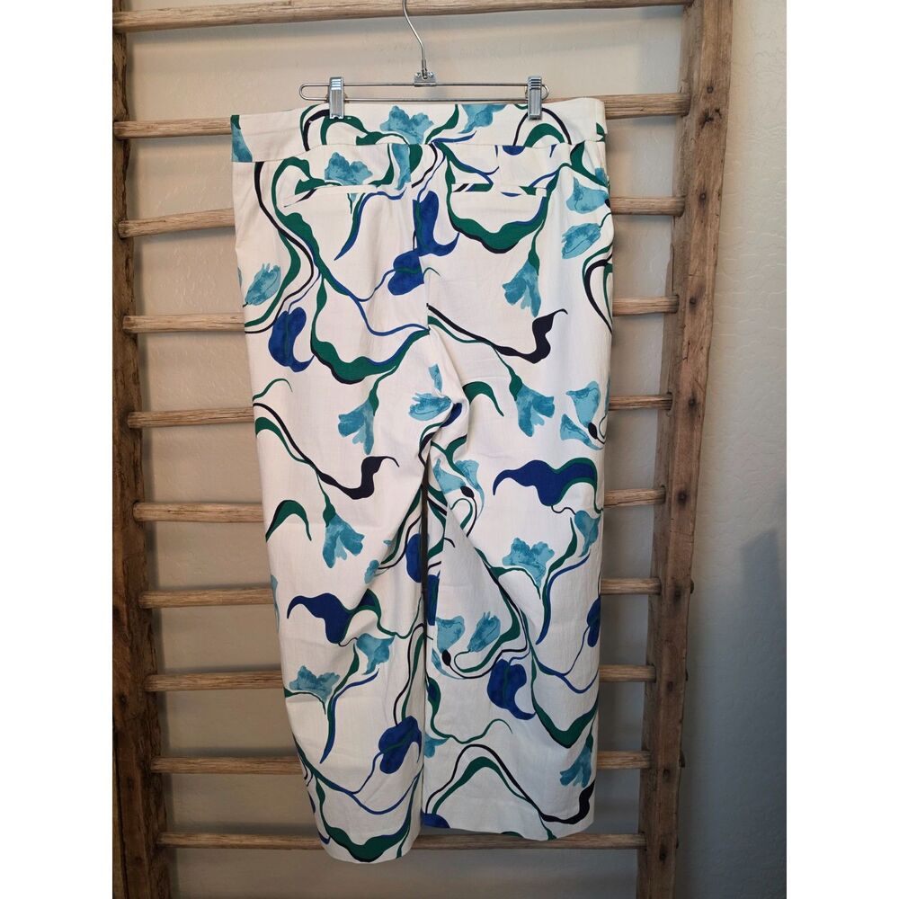 Chico's Linen Blend Crop Pants Size 2 Large Blue Green Floral Botanical